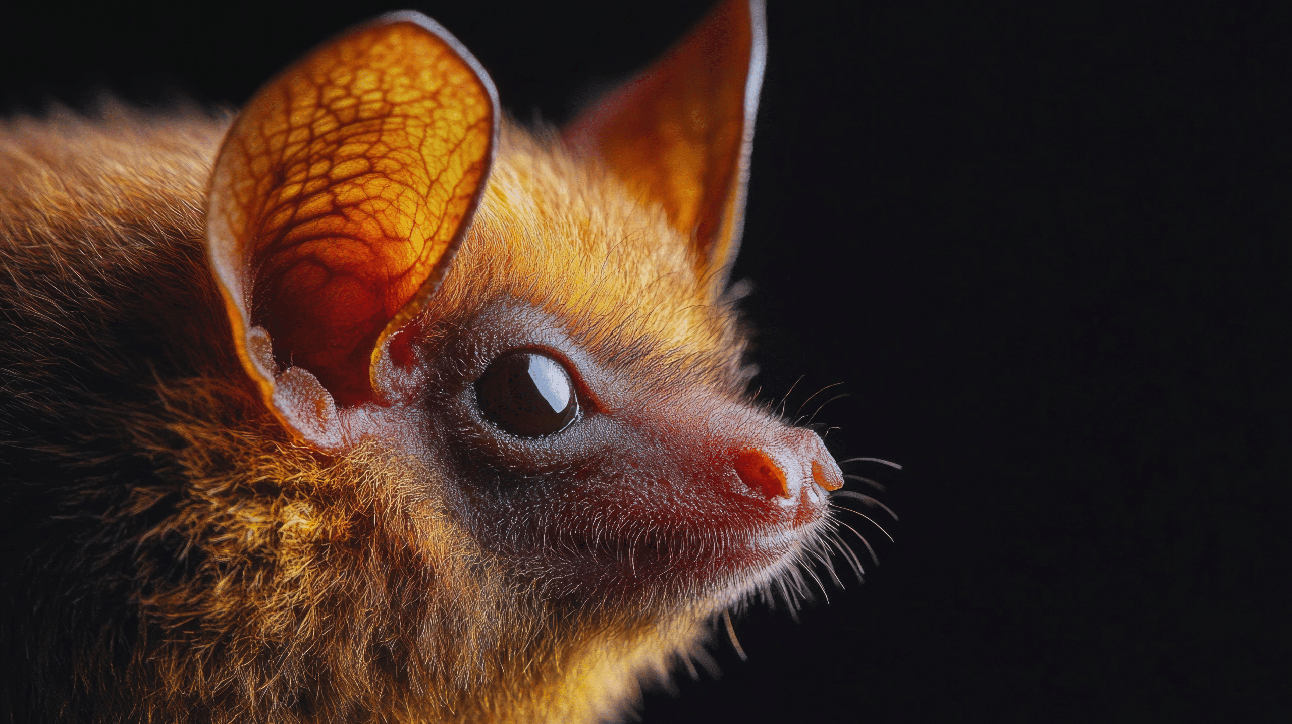 A cute bat sits in the dark attic looking at the pests it attracted in.